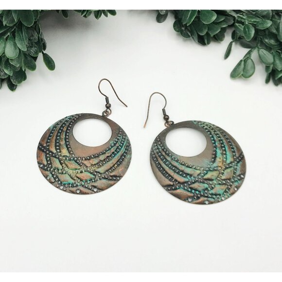 Antique Copper & Turquoise Patina Dangle Earrings With Ornate Circular Design - Picture 1 of 3